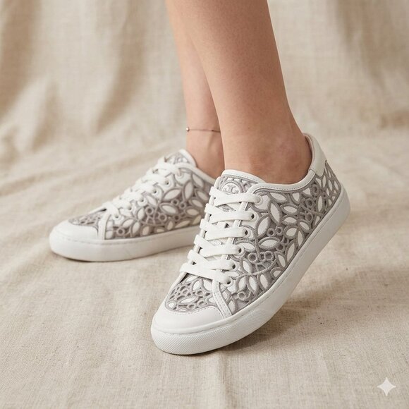 Tory Burch Shoes - Tory Burch Rhea Lace Filigree Perforated Embroidered White/Gray Sneakers Size 6